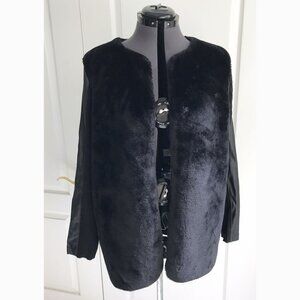Kensie Faux Fur & Faux Leather Open Jacket, Ribbed Knit Sleeves, Size L